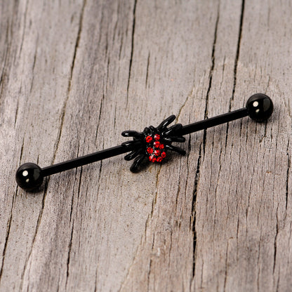 14 Gauge Red Gem Black Spider Halloween Industrial Barbell 38mm