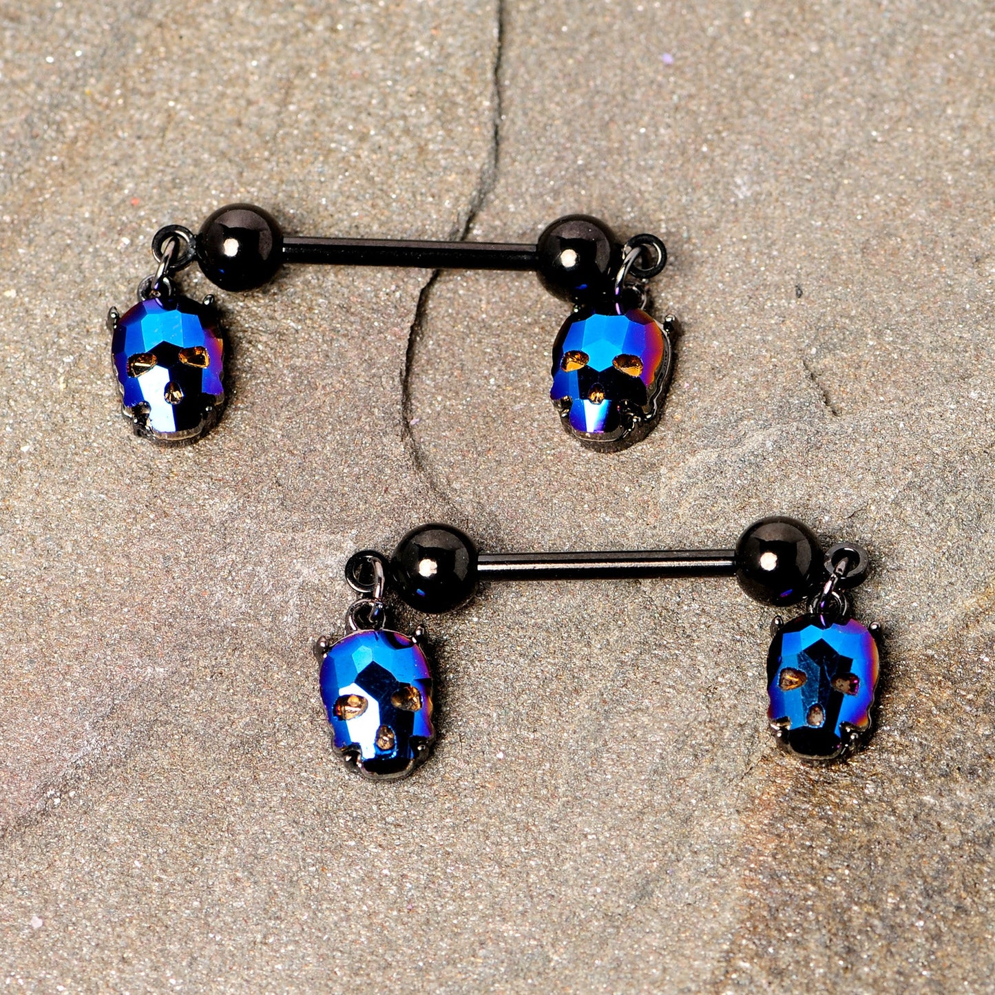 14 Gauge 9/16 Blue Gem Sugar Skull Halloween Dangle Nipple Ring Set