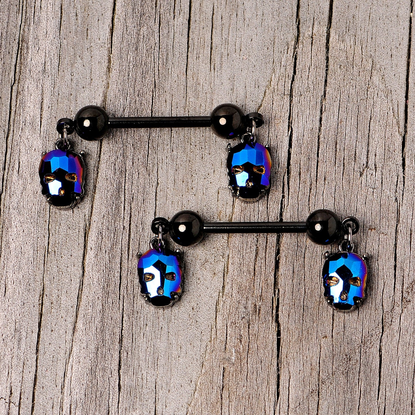 14 Gauge 9/16 Blue Gem Sugar Skull Halloween Dangle Nipple Ring Set