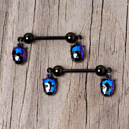 14 Gauge 9/16 Blue Gem Sugar Skull Halloween Dangle Nipple Ring Set