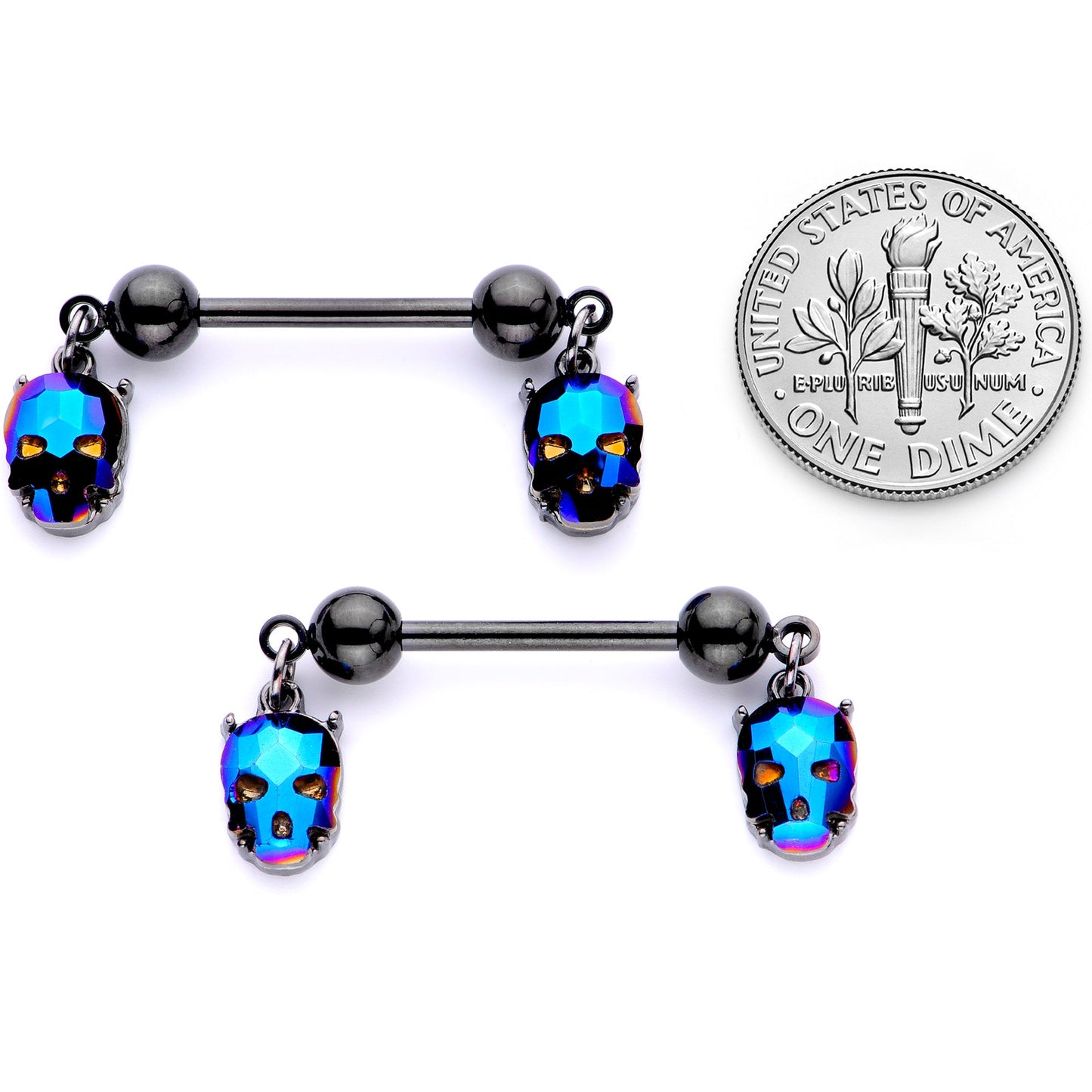 14 Gauge 9/16 Blue Gem Sugar Skull Halloween Dangle Nipple Ring Set