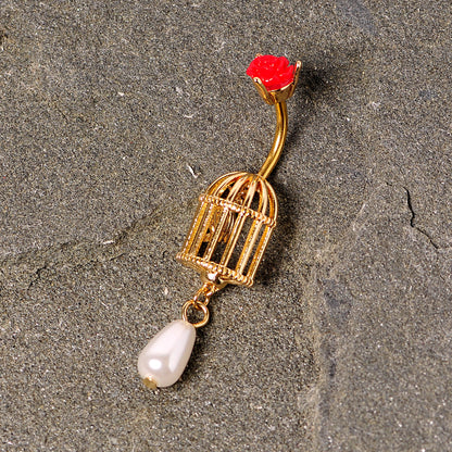 Red Flower Gold Tone Birdcage Dangle Belly Ring