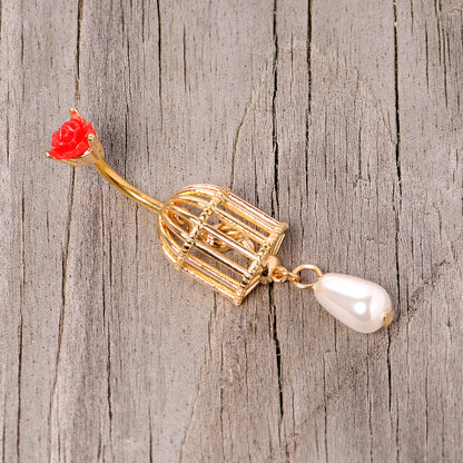 Red Flower Gold Tone Birdcage Dangle Belly Ring