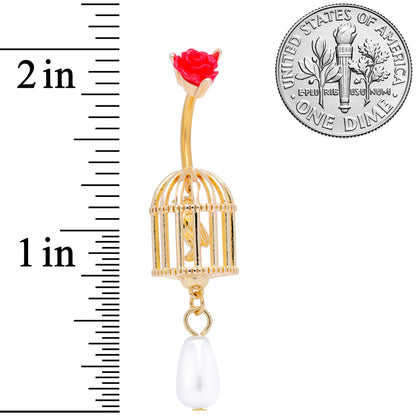 Red Flower Gold Tone Birdcage Dangle Belly Ring