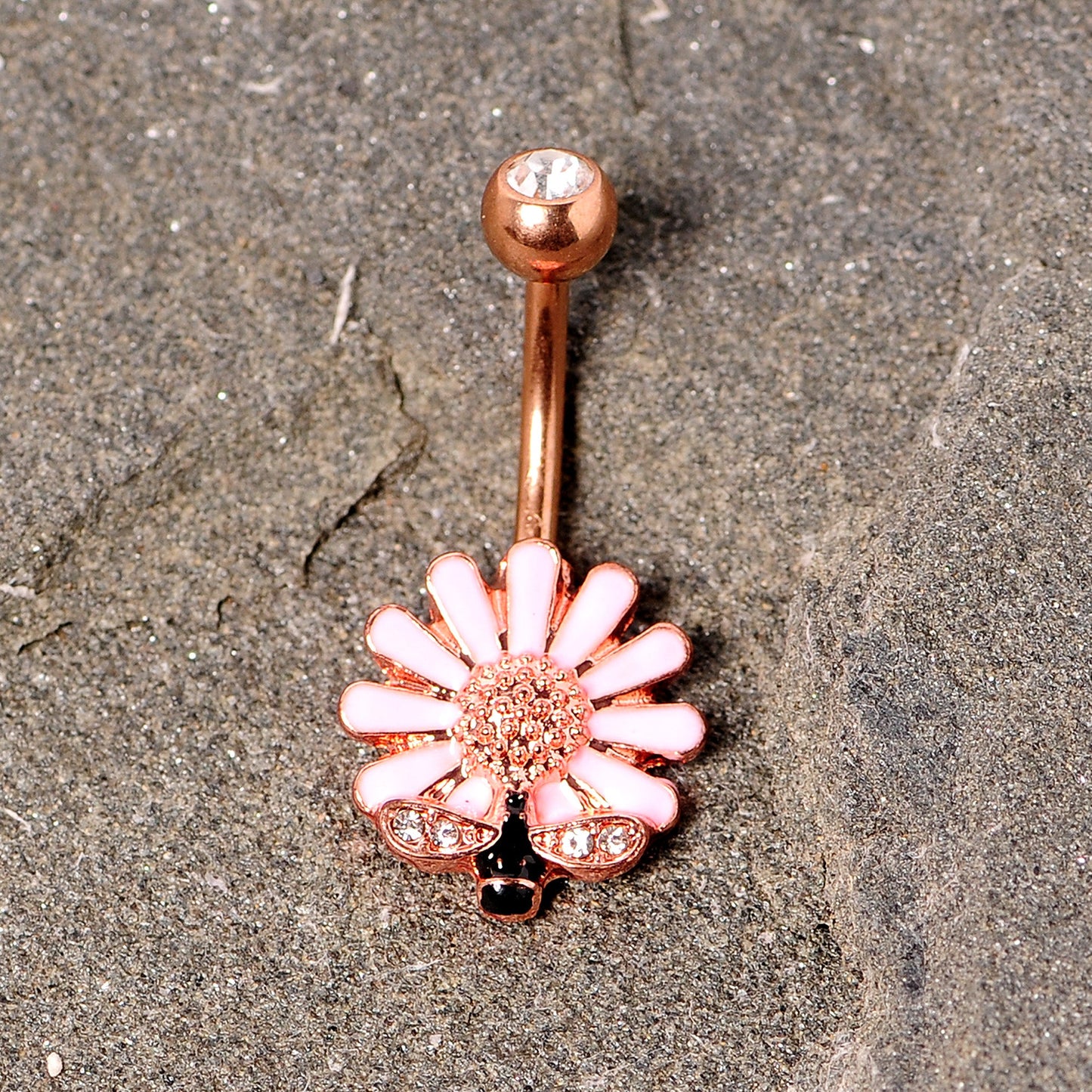 Clear Gem Rose Gold Tone Pink Daisy Bee Belly Ring