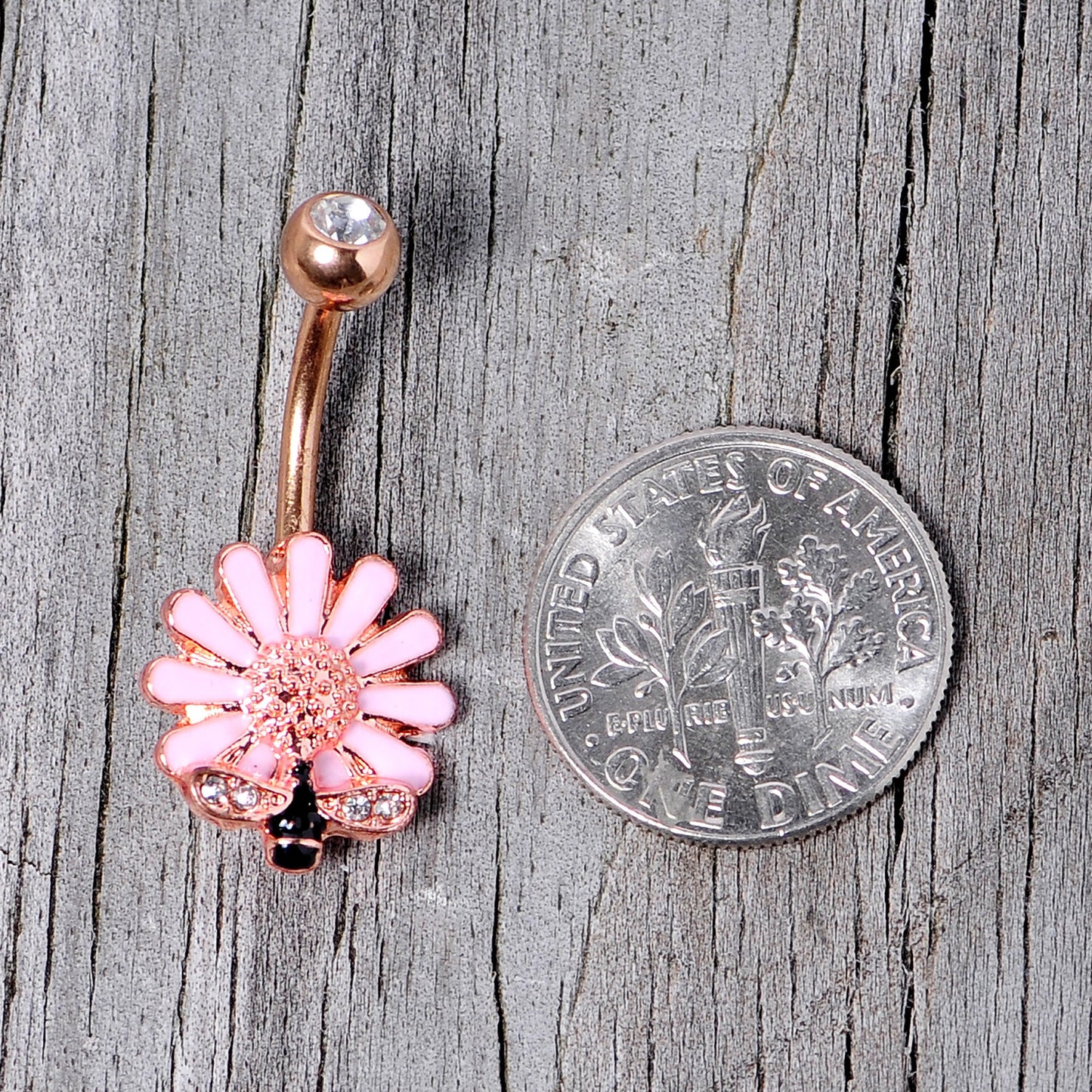 Clear Gem Rose Gold Tone Pink Daisy Bee Belly Ring