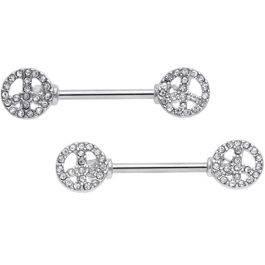 14 Gauge 9/16 Clear Gem Retro Peace Sign Barbell Nipple Ring Set