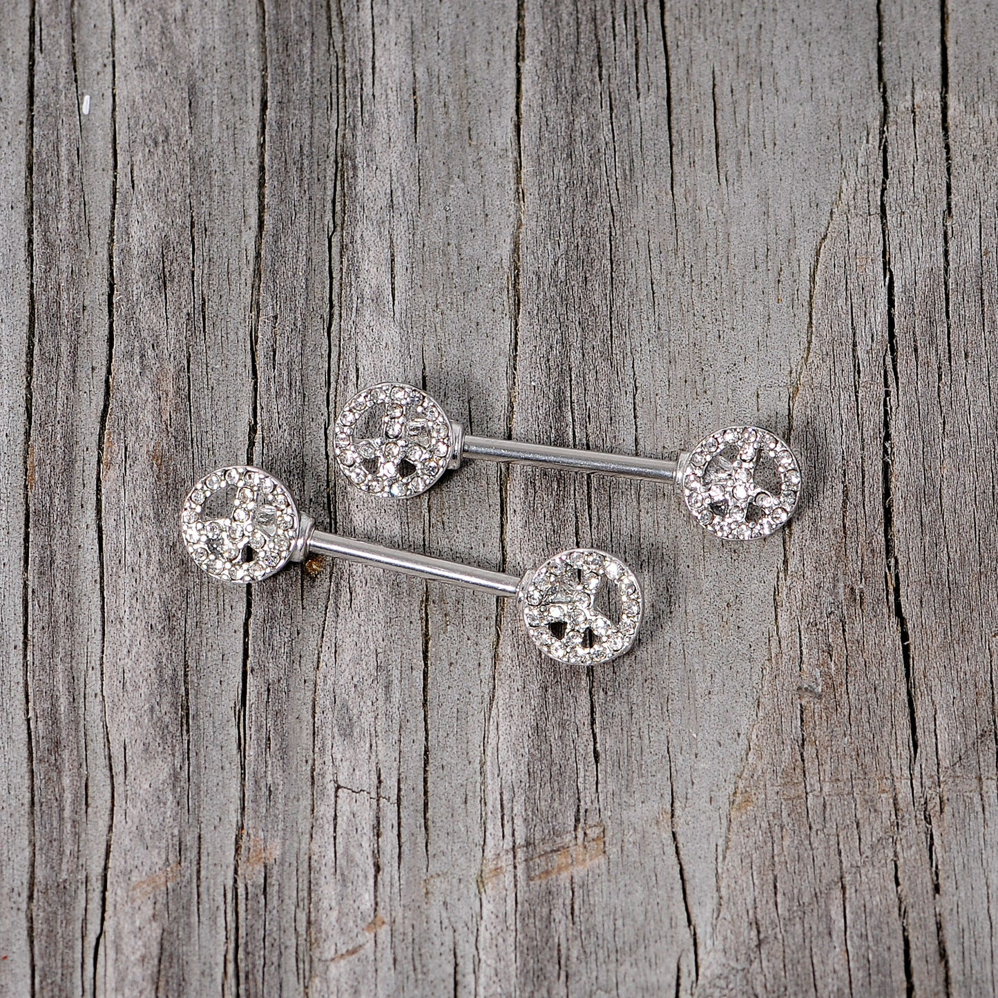 14 Gauge 9/16 Clear Gem Retro Peace Sign Barbell Nipple Ring Set