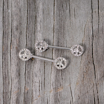 14 Gauge 9/16 Clear Gem Retro Peace Sign Barbell Nipple Ring Set