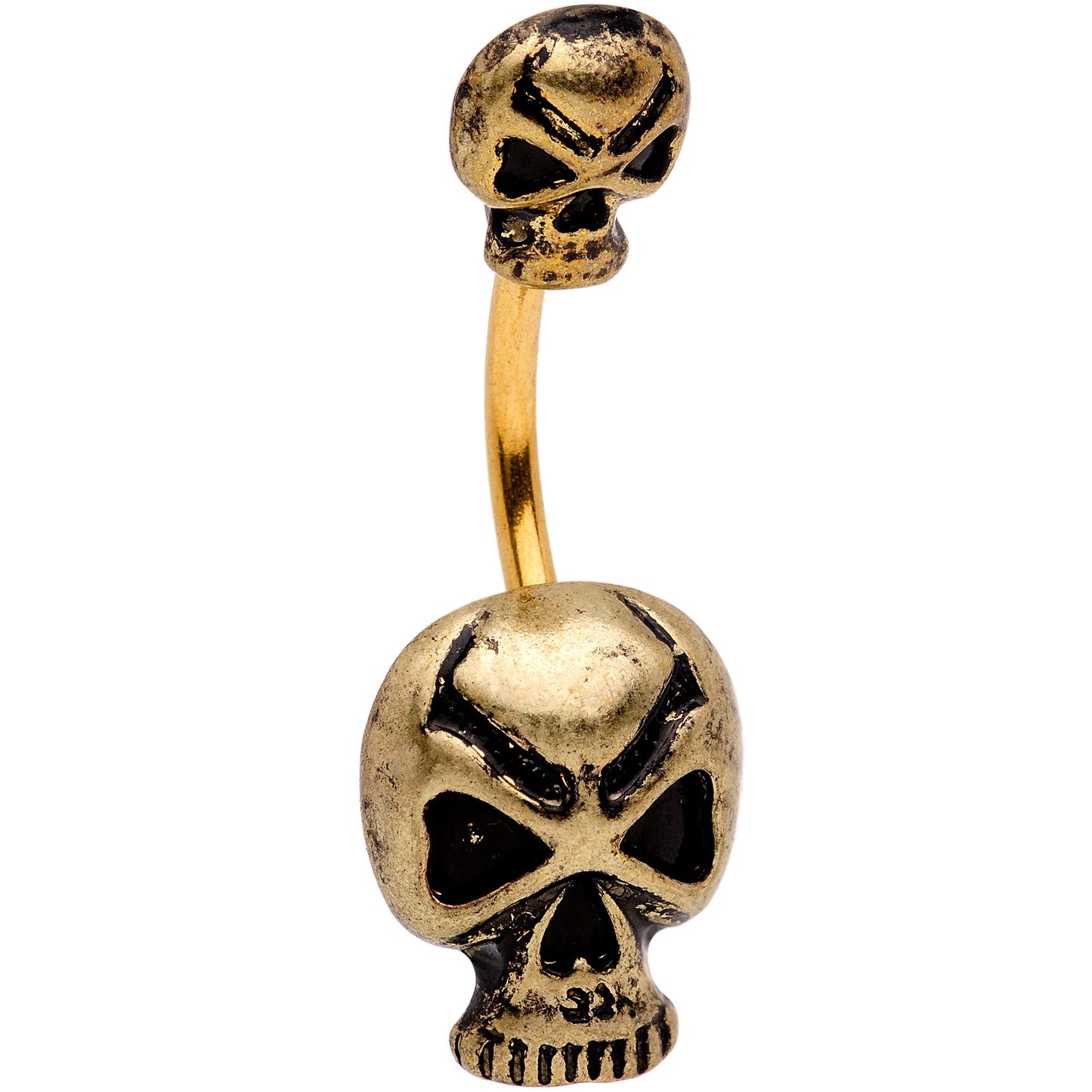 Gold Tone Scary Double Skull Halloween Double Mount Belly Ring