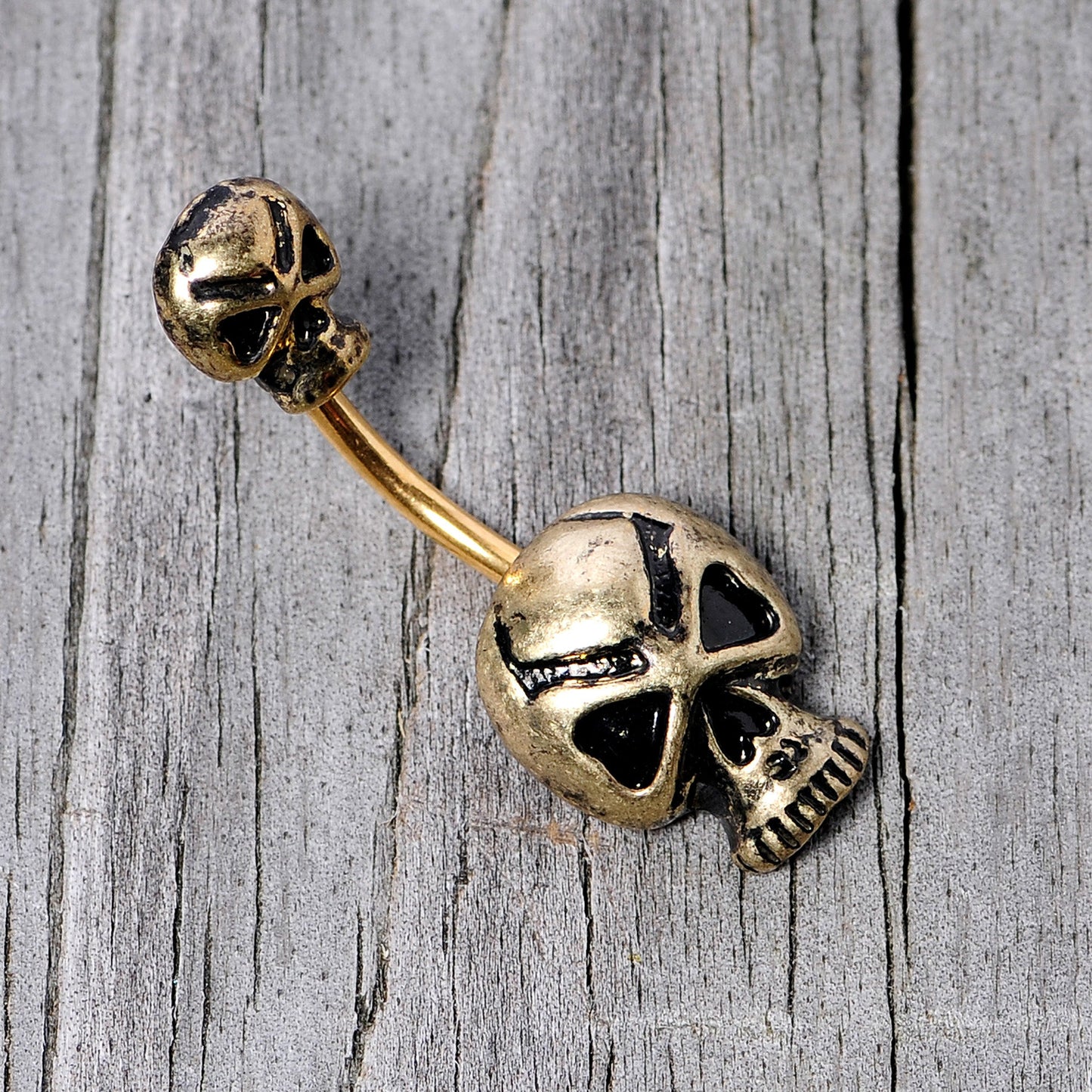 Gold Tone Scary Double Skull Halloween Double Mount Belly Ring