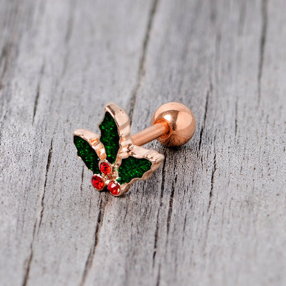 16 Gauge 1/4 Red Gem Rose Tone Mistletoe Christmas Cartilage Tragus