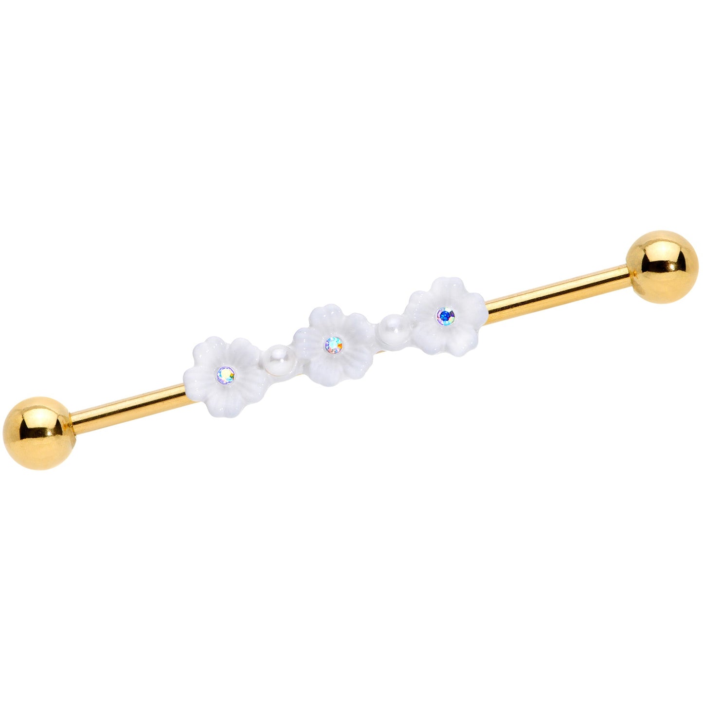 14 Gauge Aurora Gem Gold Tone Flower Industrial Barbell 38mm