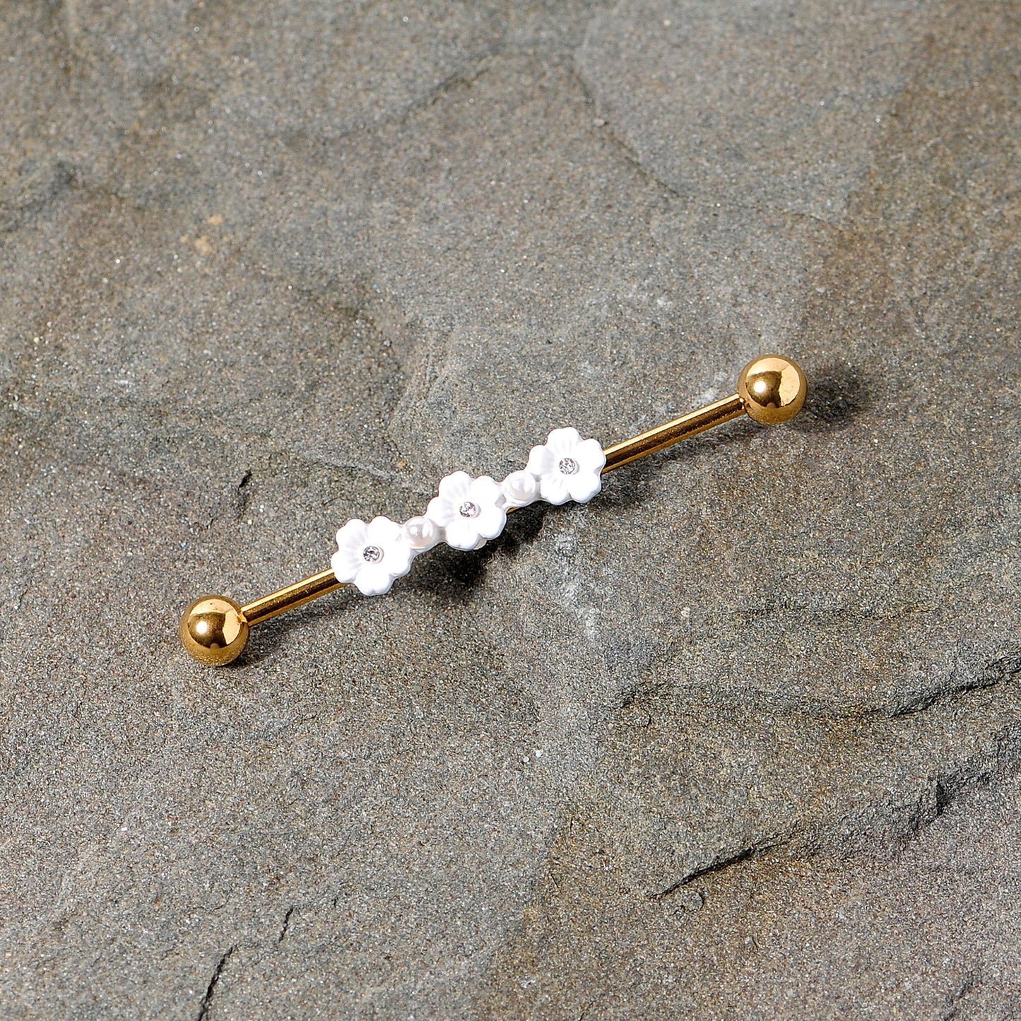 14 Gauge Aurora Gem Gold Tone Flower Industrial Barbell 38mm