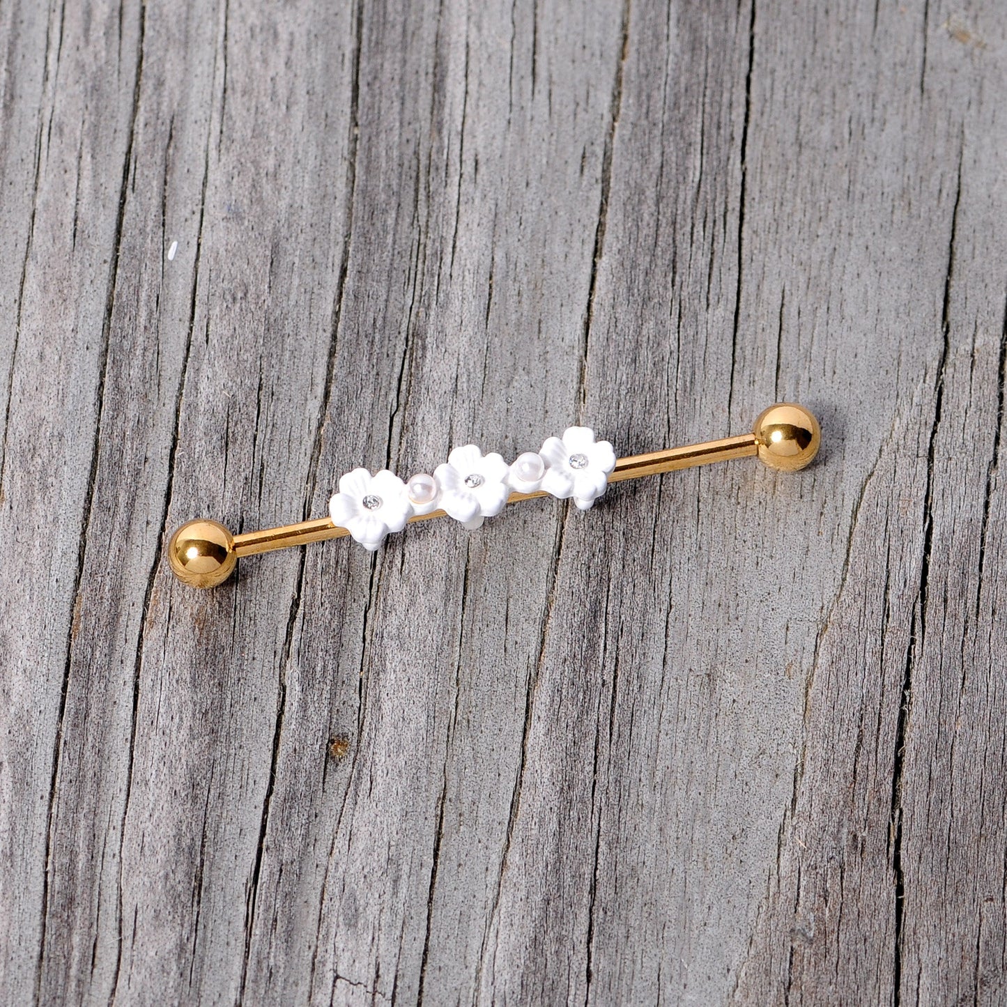 14 Gauge Aurora Gem Gold Tone Flower Industrial Barbell 38mm