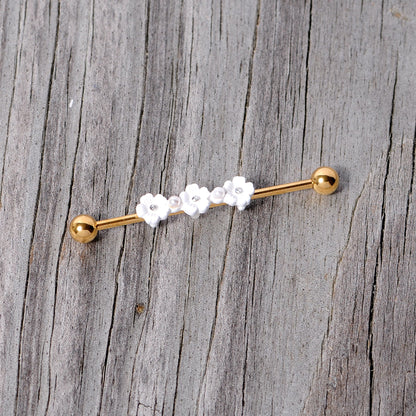 14 Gauge Aurora Gem Gold Tone Flower Industrial Barbell 38mm