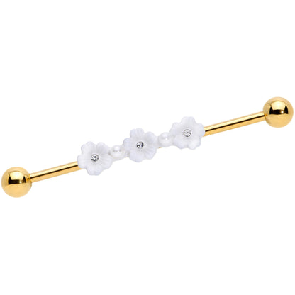 14 Gauge Clear Gem Gold Tone Flower Industrial Barbell 38mm