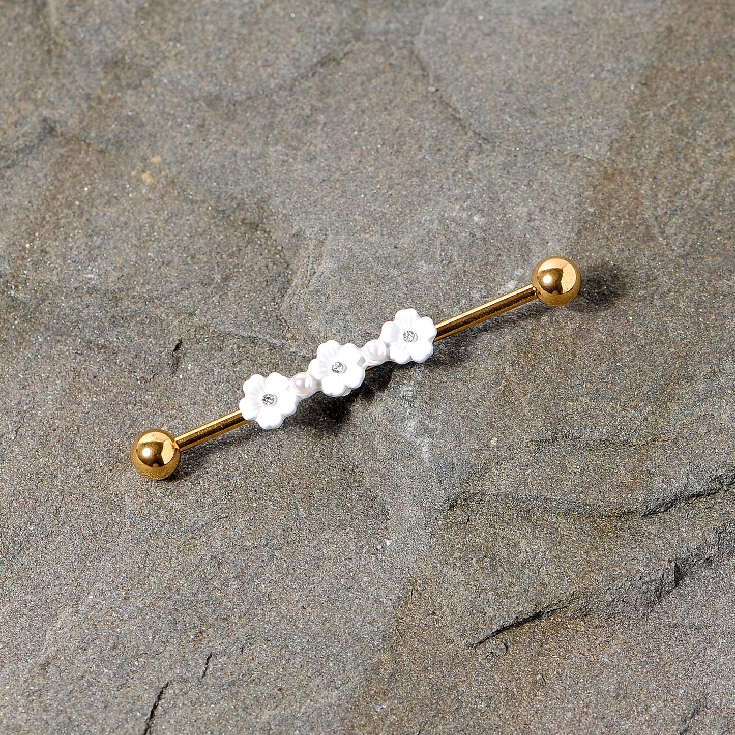 14 Gauge Clear Gem Gold Tone Flower Industrial Barbell 38mm