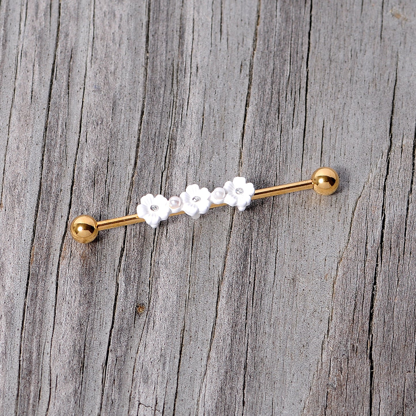 14 Gauge Clear Gem Gold Tone Flower Industrial Barbell 38mm