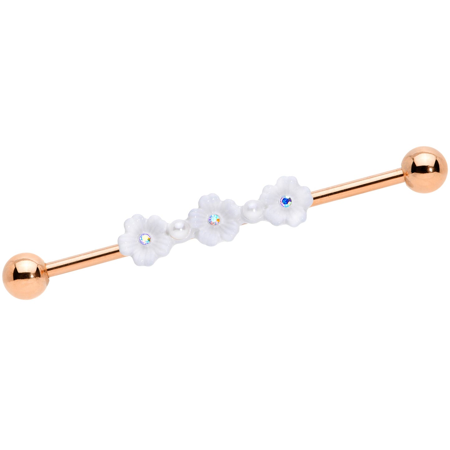 14 Gauge Aurora Gem Rose Gold Tone Flower Industrial Barbell 38mm