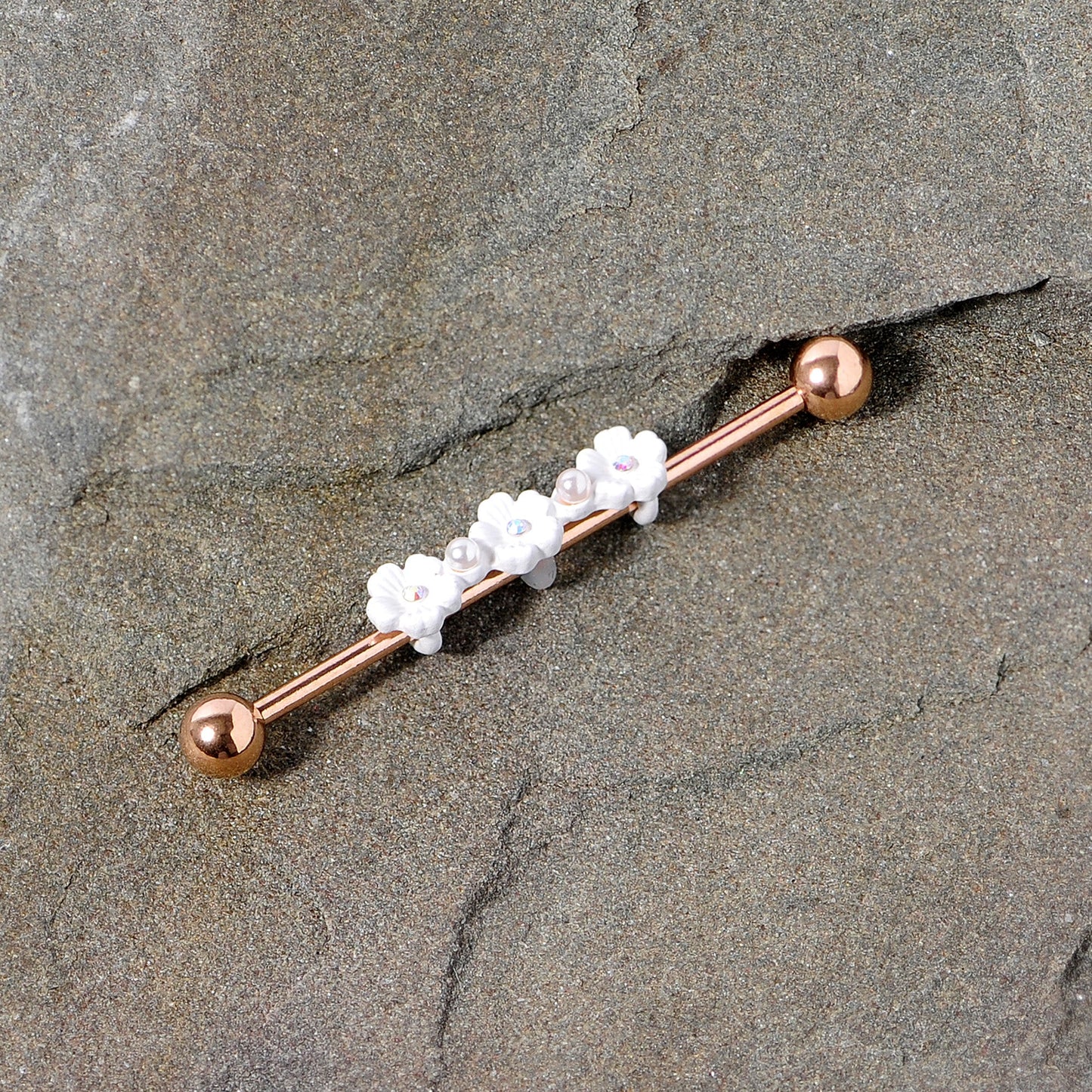 14 Gauge Aurora Gem Rose Gold Tone Flower Industrial Barbell 38mm