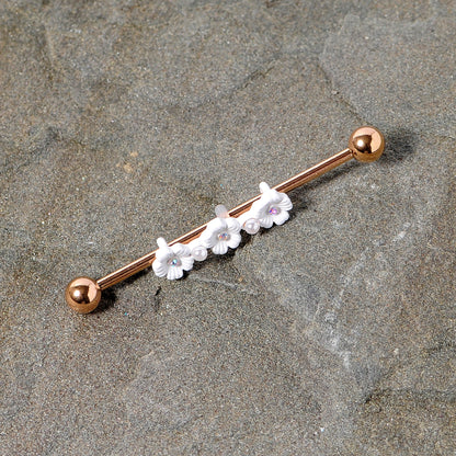 14 Gauge Aurora Gem Rose Gold Tone Flower Industrial Barbell 38mm