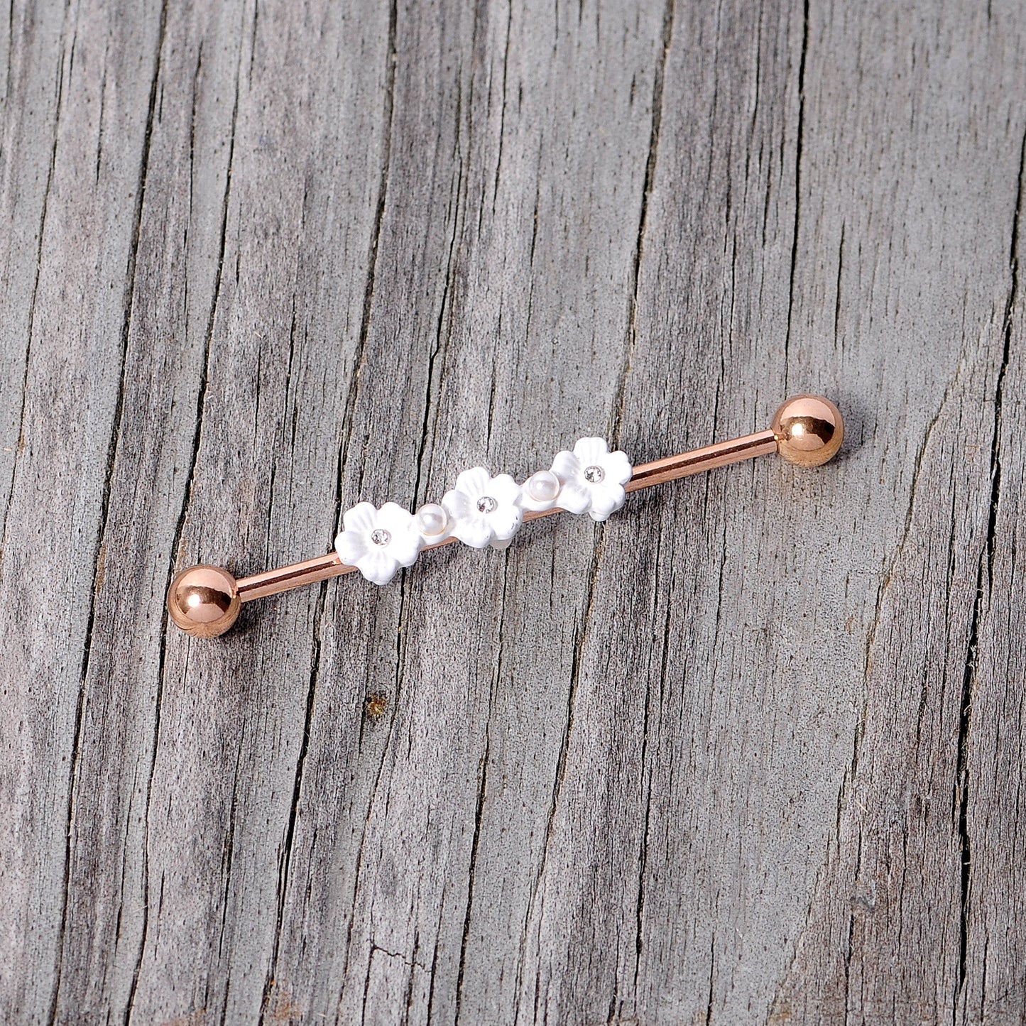 14 Gauge Clear Gem Rose Gold Tone Flower Industrial Barbell 38mm