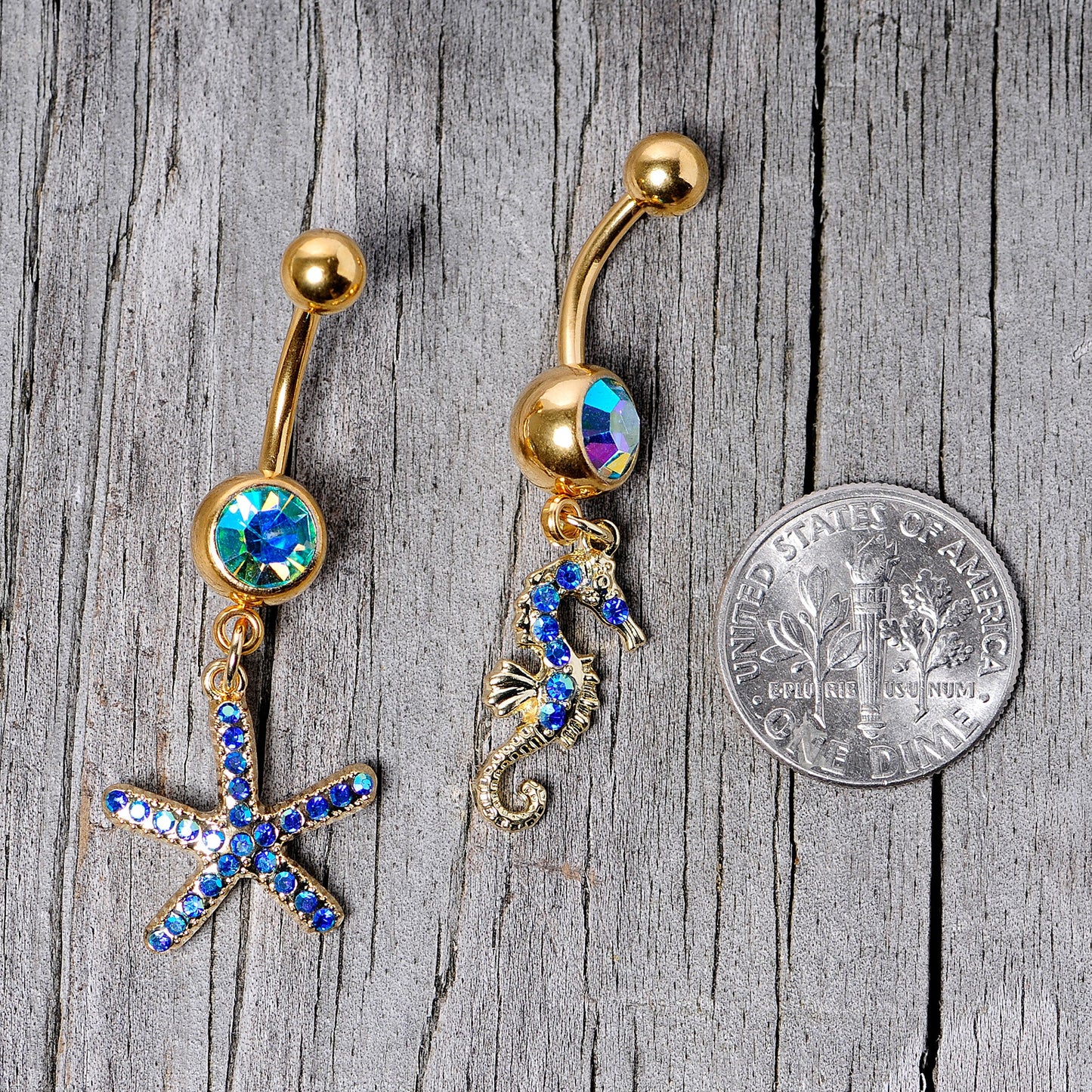 Blue Gem Gold Tone Starfish Seahorse Nautical Belly Ring Set of 2
