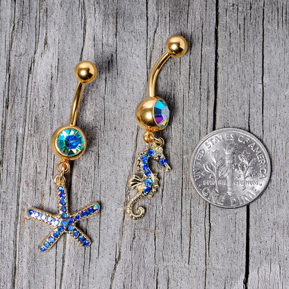 Blue Gem Gold Tone Starfish Seahorse Nautical Belly Ring Set of 2