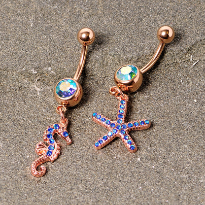Blue Gem Rose Gold Tone Starfish Seahorse Nautical Belly Ring Set of 2