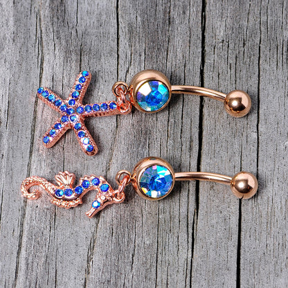Blue Gem Rose Gold Tone Starfish Seahorse Nautical Belly Ring Set of 2