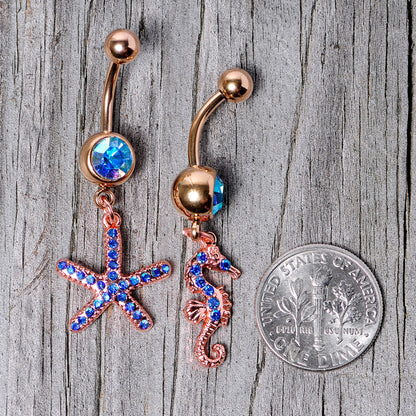 Blue Gem Rose Gold Tone Starfish Seahorse Nautical Belly Ring Set of 2