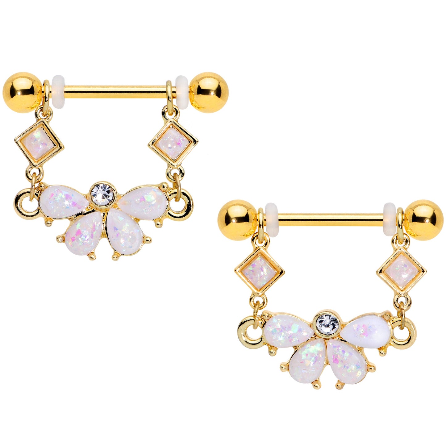 14 Gauge 5/8 White Faux Opal Gold Tone Bow Dangle Nipple Ring Set