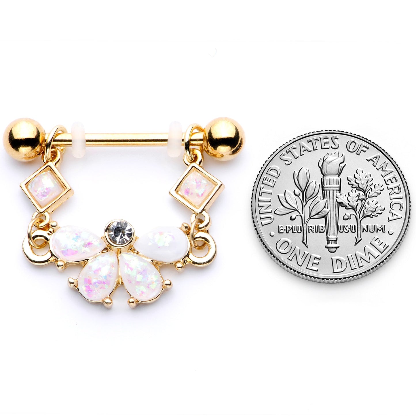 14 Gauge 5/8 White Faux Opal Gold Tone Bow Dangle Nipple Ring Set