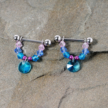 14 Gauge 5/8 Pink Aqua Gem Disc Dangle Barbell Nipple Ring Set