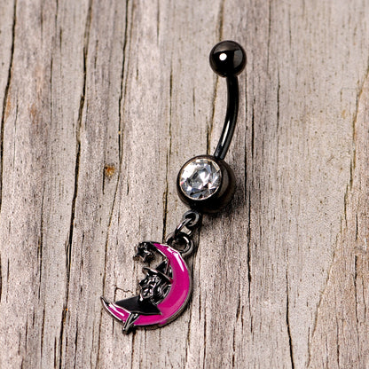 Pink Moon Black Witch Halloween Dangle Belly Ring