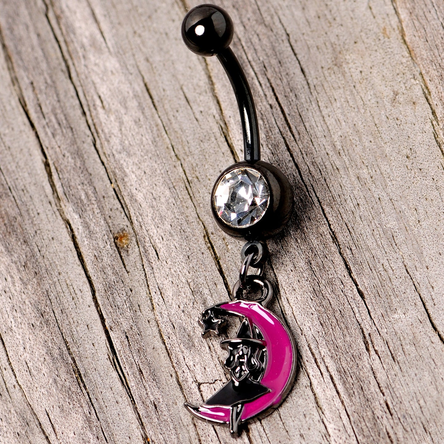 Pink Moon Black Witch Halloween Dangle Belly Ring