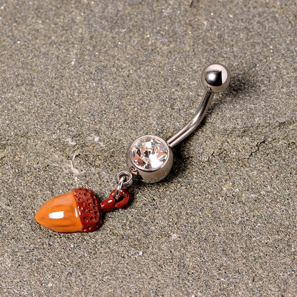 Clear Gem Brown Autumn Acorn Dangle Belly Ring