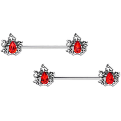 14 Gauge 5/8 Red Gem Holly Leaf Holiday Barbell Nipple Ring Set