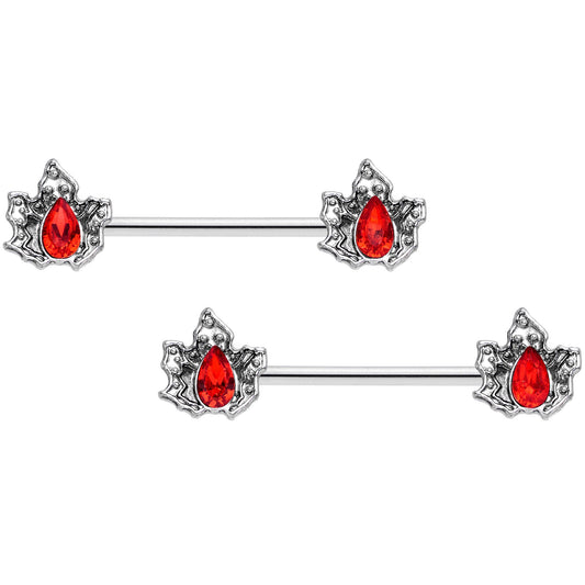 14 Gauge 5/8 Red Gem Holly Leaf Holiday Barbell Nipple Ring Set