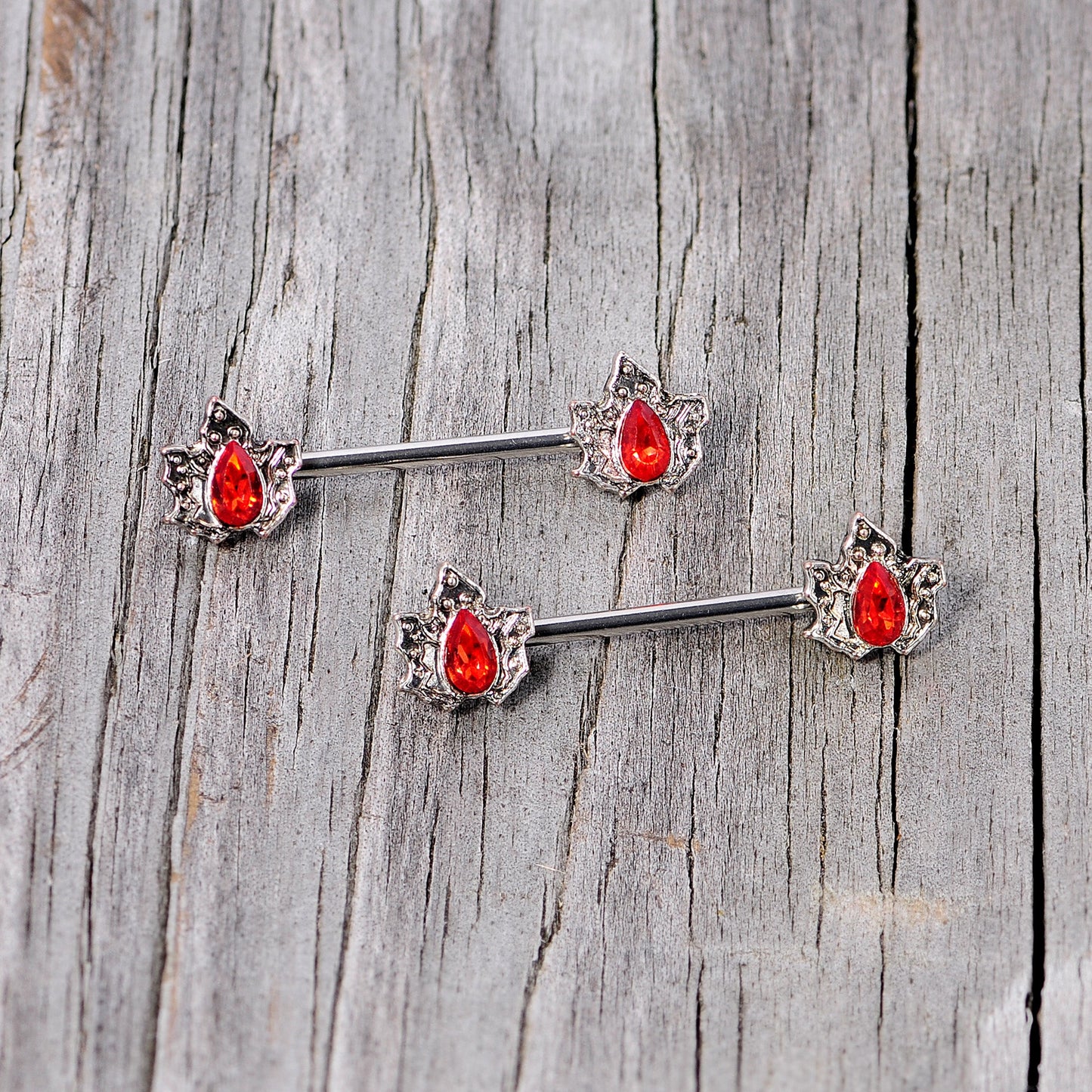 14 Gauge 5/8 Red Gem Holly Leaf Holiday Barbell Nipple Ring Set