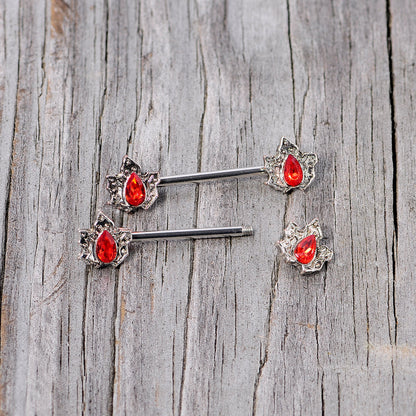 14 Gauge 5/8 Red Gem Holly Leaf Holiday Barbell Nipple Ring Set