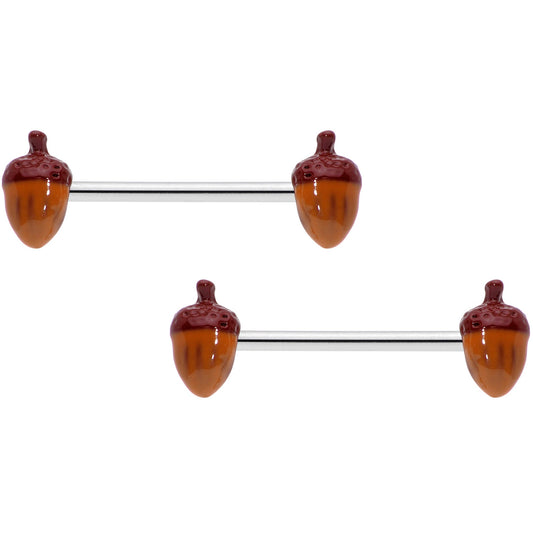 14 Gauge 5/8 Brown Autumn Acorn Barbell Nipple Ring Set