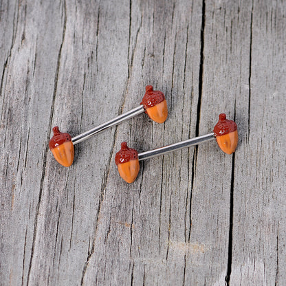 14 Gauge 5/8 Brown Autumn Acorn Barbell Nipple Ring Set