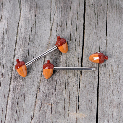 14 Gauge 5/8 Brown Autumn Acorn Barbell Nipple Ring Set