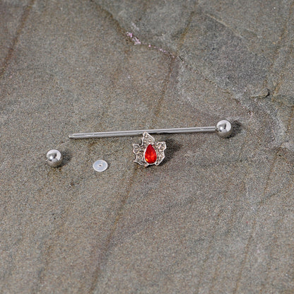 14 Gauge Red Gem Holiday Holly Leaf Christmas Industrial Barbell 38mm