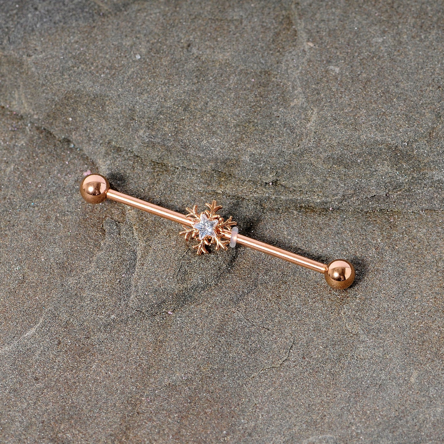 14 Gauge Clear Gem Rose Gold Tone Snowflake Industrial Barbell 38mm