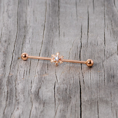 14 Gauge Clear Gem Rose Gold Tone Snowflake Industrial Barbell 38mm