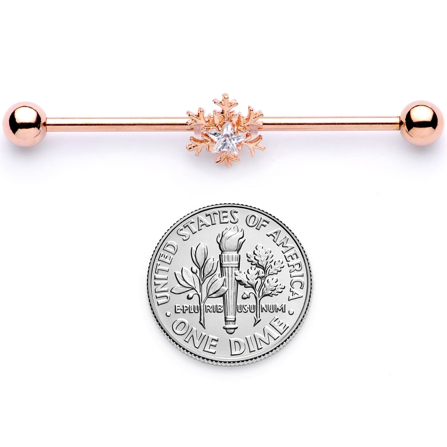 14 Gauge Clear Gem Rose Gold Tone Snowflake Industrial Barbell 38mm