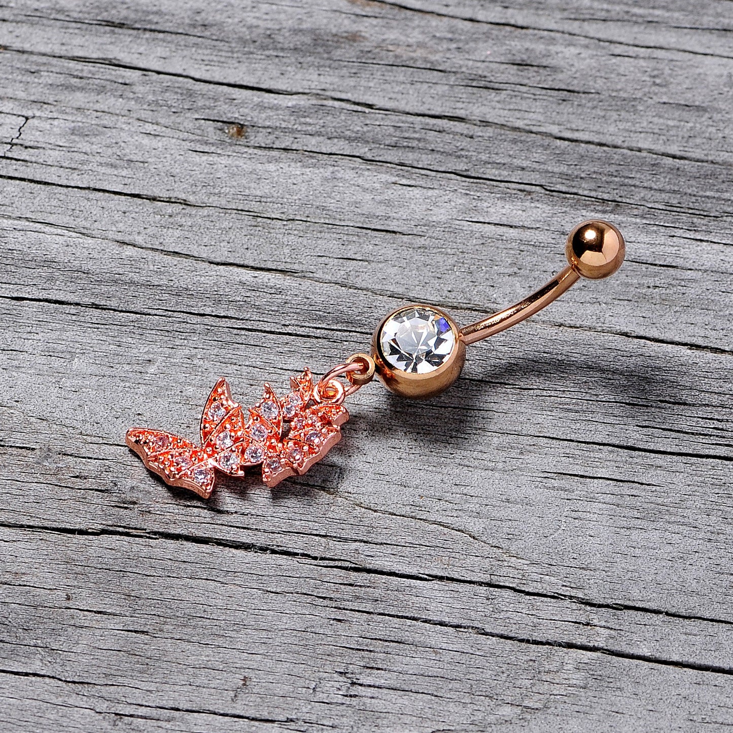 Clear CZ Gem Rose Gold Tone Trio Butterfly Dangle Belly Ring